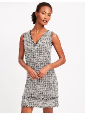Ann Taylor LOFT Metallic Tweed Sleeveless V-Neck Shift Dress Preppy Navy 10